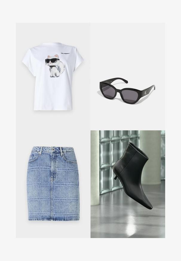 Witte katoenen t-shirt met een cartoonkat met zonnebril op de voorkant. Korte mouwen en een ronde halslijn. Logo op de achterkant gedrukt.; Denim rok in lichtblauw met een ruitpatroon. Heeft een hoge taille, twee voorzakken en stikaccenten langs de zoom en naden.; Zwarte leren enkellaars met spits toelopende neus en lage kittenhak, schuin weergegeven tegen een gepolijste vloer en een glazen blokken muur als achtergrond.; Zwarte zonnebril met een strak, hoekig ontwerp, donkere lenzen en een contrasterend zilveren logo aan de zijkant. Glad kunststof oppervlak.