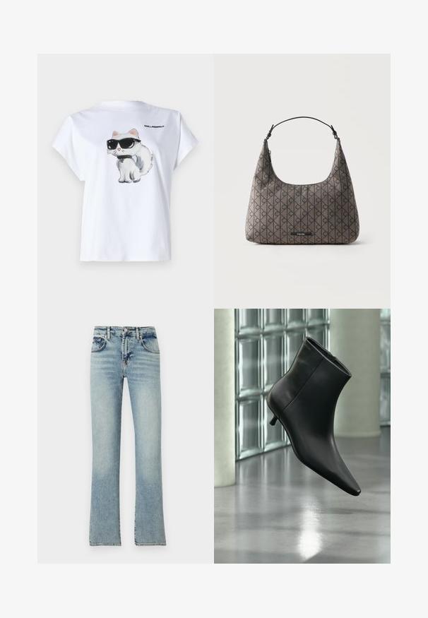 Hvid bomuld t-shirt med en tegneserie af en kat med solbriller på fronten. Korte ærmer og rund halsudskæring. Logo trykt på ryggen.; Lyseblå denim jeans med en udvidet benstil, der har fem lommer, bæltestropper og en falmet finish.; Sort læderankelstøvle med spids tå og lav kitten-hæ, vist vinklet mod en poleret gulv- og glasblokvæg.; Brun Calvin Klein skuldertaske med sort geometrisk mønster, enkelt sort rem og lynlåslukning på toppen.