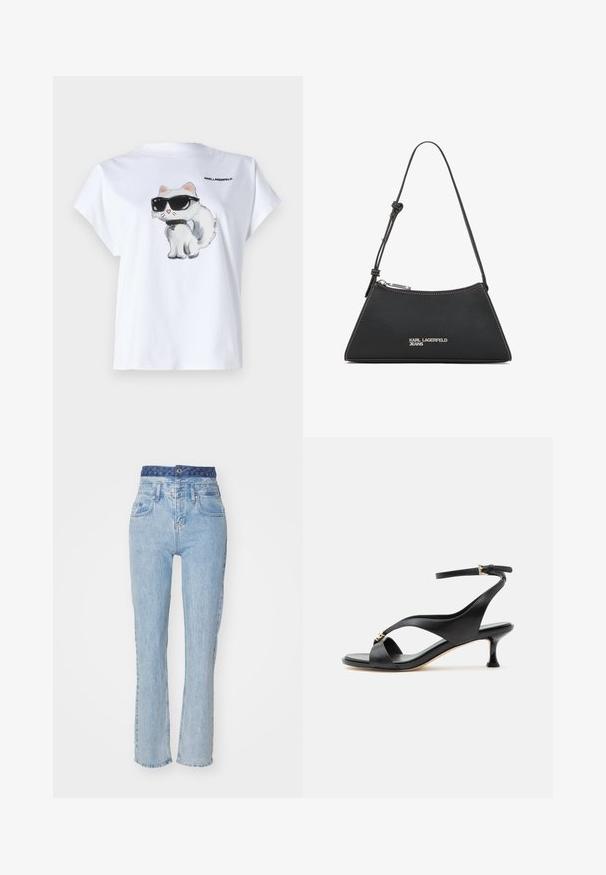 Hvid bomuld t-shirt med en tegneserie af en kat med solbriller på fronten. Korte ærmer og rund halsudskæring. Logo trykt på ryggen.; Lyseblå denim jeans med høj talje, let udvidede ben og et mønstret blåt bælte. Har forlommer og knappelukning.; Sort lædersandal til kvinder med buet lav hæl, krydssøm og justerbar ankelrem med lille guldlås.; Sort læderhandtaske med trekantet form, der har en sølvlynlås, hvidt syning og et "KARL LAGERFELD JEANS" logo foran.
