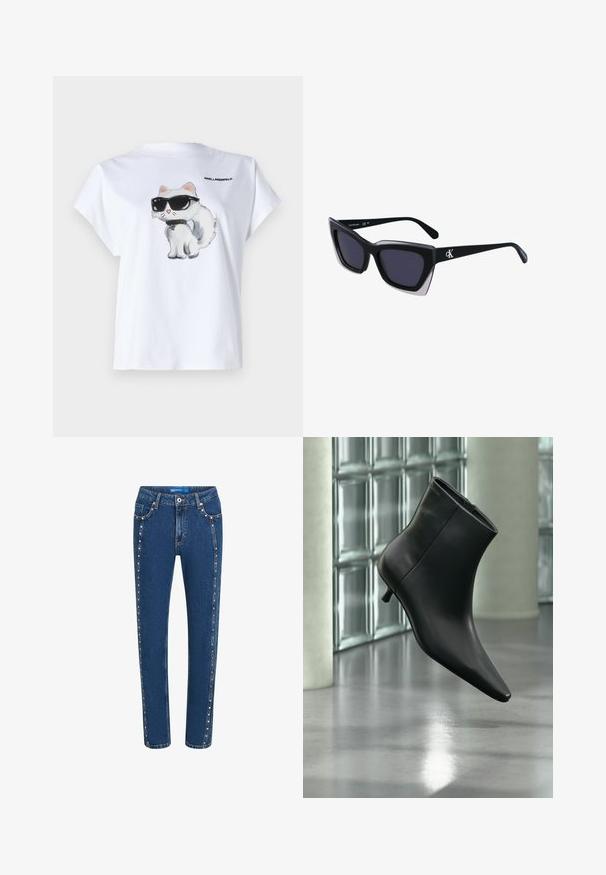 Weißes Baumwoll-T-Shirt mit einem Cartoon-Katze mit Sonnenbrille auf der Vorderseite. Kurzärmlig und mit rundem Halsausschnitt. Logo auf der Rückseite gedruckt.; Dunkelblaue Denim-Jeans mit geradem Schnitt, featuring kontrastierenden Nähten und dekorativen Nieten entlang der Seitennaht und der vorderen Taschen.; Schwarzer Leder-Stiefelette mit spitzer Zehenpartie und niedrigem Kitten-Heel, schräg dargestellt vor einem polierten Boden und einer Glasbausteinwand.; Schwarze übergroße Sonnenbrille mit geometrischer Form, ausgestattet mit dunklen Gläsern und einem kontrastierenden grauen Detail im Rahmen. Logo am Bügel.