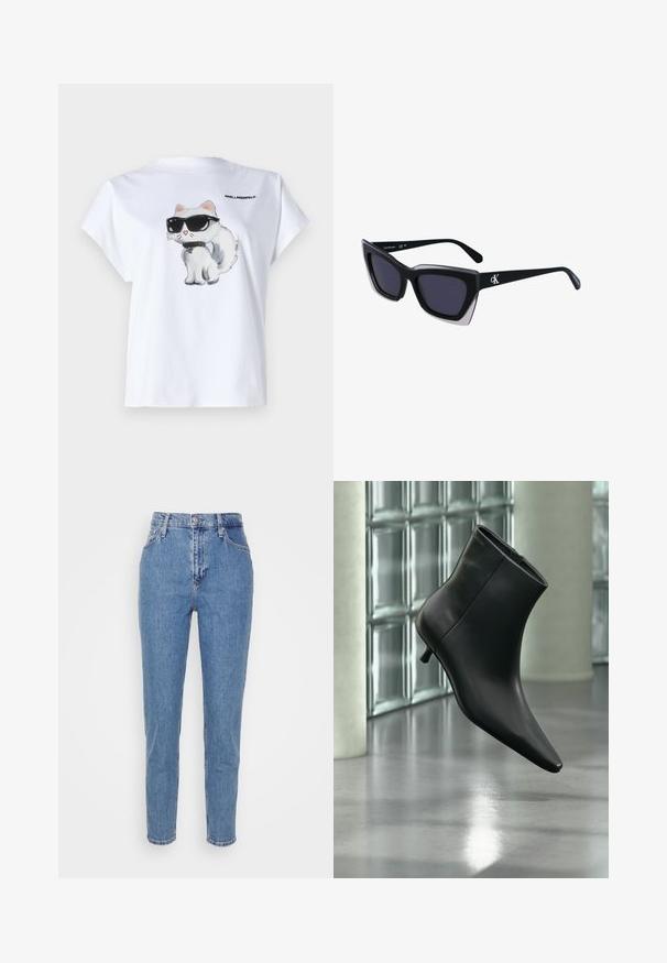Hvid bomuld t-shirt med en tegneserie af en kat med solbriller på fronten. Korte ærmer og rund halsudskæring. Logo trykt på ryggen.; Blå højtaljede lige jeans med frontknap og lynlås, bæltestropper og lommer, præsenteret på en ensfarvet hvid baggrund.; Sort læderankelstøvle med spids tå og lav kitten-hæ, vist vinklet mod en poleret gulv- og glasblokvæg.; Store sorte oversized solbriller med geometrisk form, med mørke linser og en kontrasterende grå detalje på stellet. Logo på armen.