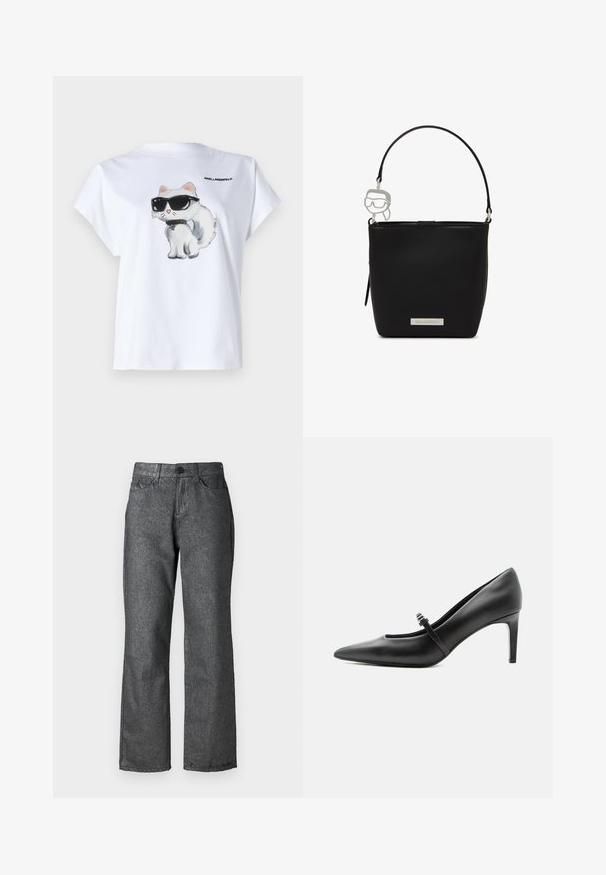 Hvid bomuld t-shirt med en tegneserie af en kat med solbriller på fronten. Korte ærmer og rund halsudskæring. Logo trykt på ryggen.; Grå denim jeans med en let glans, lige ben design, fem lommer, knaplukning og synlige søm detaljer.; Sort læderspids højhælede sko med tynd rem og spænde over vristen, stående på en neutral lys baggrund.; Sort spandformet håndtaske med kort hank og en sølvcharme formet som et ansigt med solbriller, med en Karl Lagerfeld-logo plade.