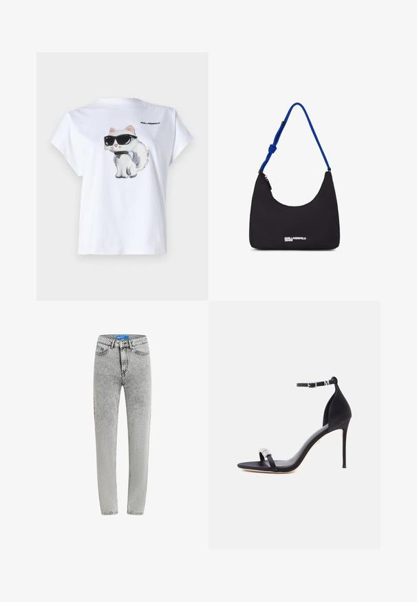 Witte katoenen t-shirt met een cartoonkat met zonnebril op de voorkant. Korte mouwen en een ronde halslijn. Logo op de achterkant gedrukt.; Grijze denim jeans met een hoge taille, rechte pijpen en subtiele textuur. Voorzien van een knoopsluiting, riemlussen en een blauw label aan de binnenkant.; Zwarte satijnen sandaal met hoge hak, een slank bandje, een enkelsluiting met gesp en een decoratieve strassaccent op het voorbandje.; Zwarte nylon schoudertas met een gebogen vorm, blauwe touwband en zilveren logo-detailing aan de voorkant. Ritssluiting bovenaan.