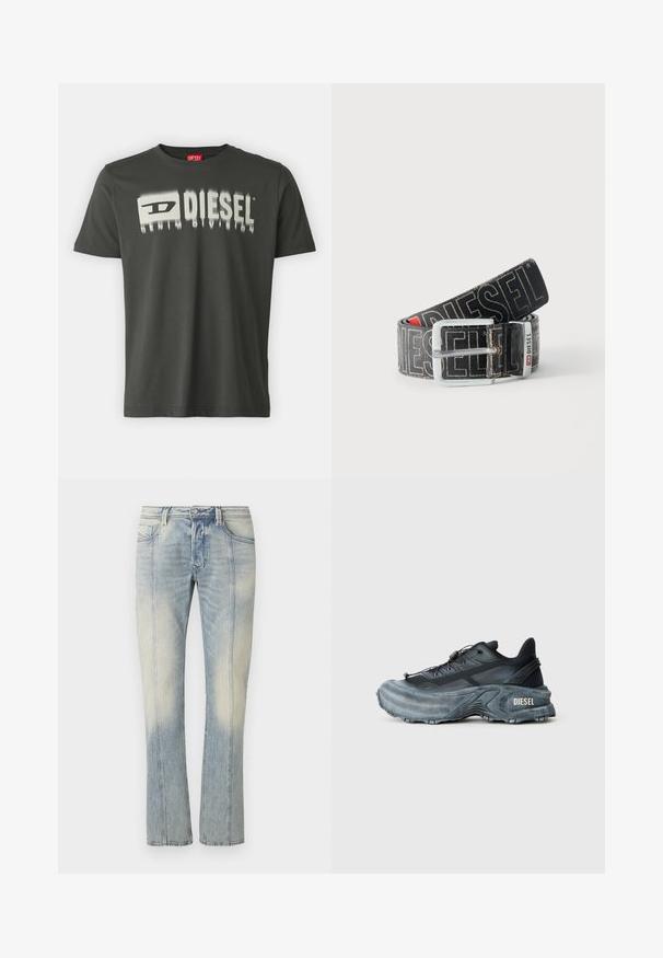Σκούρο γκρι βαμβακερό T-shirt με λευκή γραφική παράσταση που γράφει "DIESEL" με θολωτό εφέ. Στρογγυλή λαιμόκοψη, κοντά μανίκια και κανονική εφαρμογή.; Ανοιχτό μπλε τζιν παντελόνι με ευθεία γραμμή, διπλή ραφή, εμπρόσθιες τσέπες και ξεθωριασμένο φινίρισμα. Χωρίς ορατή επωνυμία.; Μαύρο και γκρι sneaker Diesel με παχιά σόλα, σύρμα κορδονιού και υφή σε απλό ανοιχτό γκρι φόντο.; Μαύρη ζώνη Diesel με μεγάλο λευκό λογότυπο, ορθογώνια ασημένια αγκράφα και μεταλλική λεπτομέρεια με χαρακτηριστικό σήμα, τυλιγμένη σε ανοιχτό φόντο.