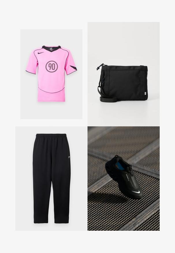 Pink Nike fodboldtrøje med sorte detaljer og et rundt "90" logo i midten. Korte ærmer, V-hals og mesh-detaljer i siderne.; Sorte joggingbukser med elastisk taljebånd, der har et lille hvidt logo på venstre side. Fremstillet af blødt, let stof. Lige ben.; Sort Nike Air Max sko med et strømlinet design, lynlås-lukning, struktureret overdel og fremtrædende hvidt logo på siden, sat mod en gitterbaggrund.; Sort stof skuldertaske med en struktureret overflade, justerbar rem og snørelukning. Har kraftige syninger og et sideetiket.