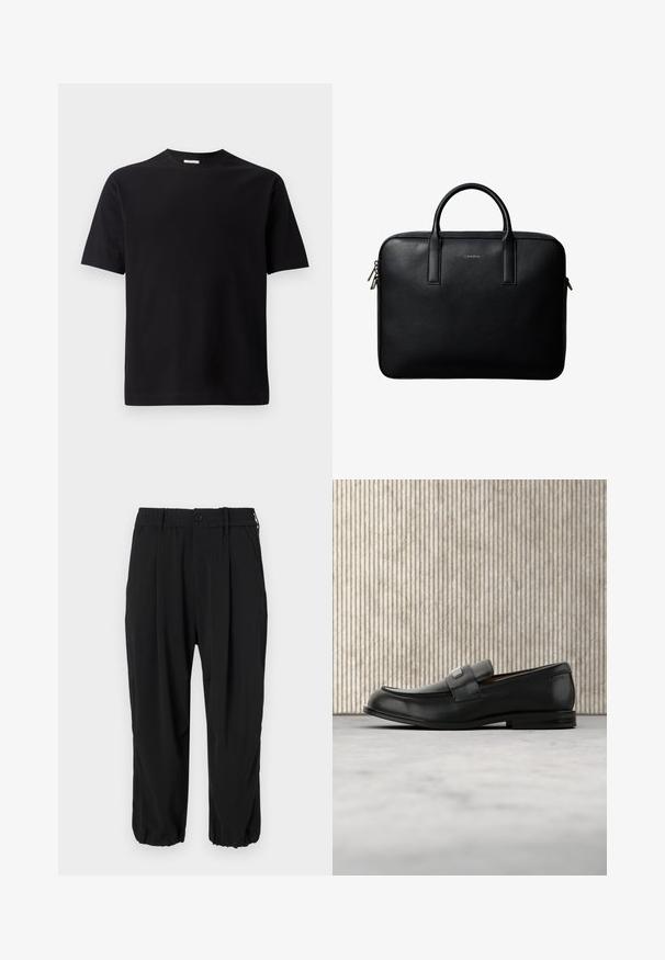 T-shirt noir à manches courtes avec un motif géométrique texturé, un col rond et un ourlet droit. Fabriqué en matériau doux et respirant.; Pantalons noirs raccourcis avec une taille élastique à bouton, poches latérales et une coupe relaxée avec des poignets aux chevilles.; Mocassin en cuir noir avec une plaque de marque en métal reposant près d'une table ronde marron sur un sol recouvert de moquette beige.; Mallette en cuir noir texturé avec double poignées et tirettes de fermeture éclair argentées, centrée sur fond blanc.