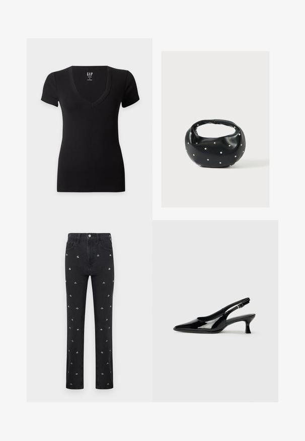 T-shirt noir ajusté à manches courtes avec un col en V profond et une étiquette GAP à l’intérieur de l’encolure.; Jeans noirs à jambes droites avec de petits motifs de petites abeilles argentées brodés répartis uniformément sur le devant.; Escarpins en cuir verni noir avec un bout pointu et un petit talon carré. Sangle réglable à la cheville avec boucle.; Sac à main en cuir noir de forme arrondie, décoré de clous argentés et équipé d'une poignée courte. Texture lisse et fermeture éclair.