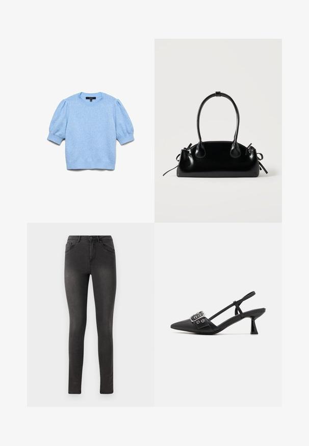 Lichtblauwe gebreide trui met korte opgeblazen mouwen en geribbelde boorden, halslijn en zoom.; Zwarte skinny jeans met een gladde denim textuur, een vijf-pocket ontwerp en een metalen knoopsluiting bij de taille.; Simmi London DALA - Klassieke pumps - black; Kleine zwarte glanzende handtas met twee lange hengsels en zijkant trekkoord details op een effen lichte achtergrond.