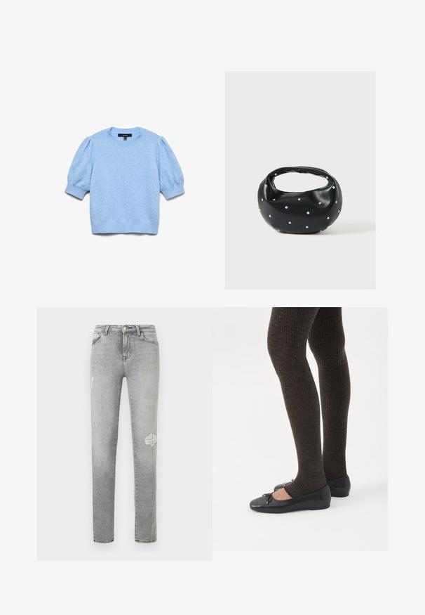 Lyseblå striktrøje med korte pufærmer og ribstrikkede manchetter, halsudskæring og kant.; Lys grå slim-fit jeans med høj talje, knap- og lynlåslukning, forlommer og subtil slidtage på lårene.; Ben iført mørke ribbede leggings kombineret med sorte balletsko med små sløjfedetaljer på hvid baggrund.; Sort læderhåndtaske med en rundet form, dekoreret med sølvnitter, og et kort håndtag. Glat tekstur og lynlåslukning.
