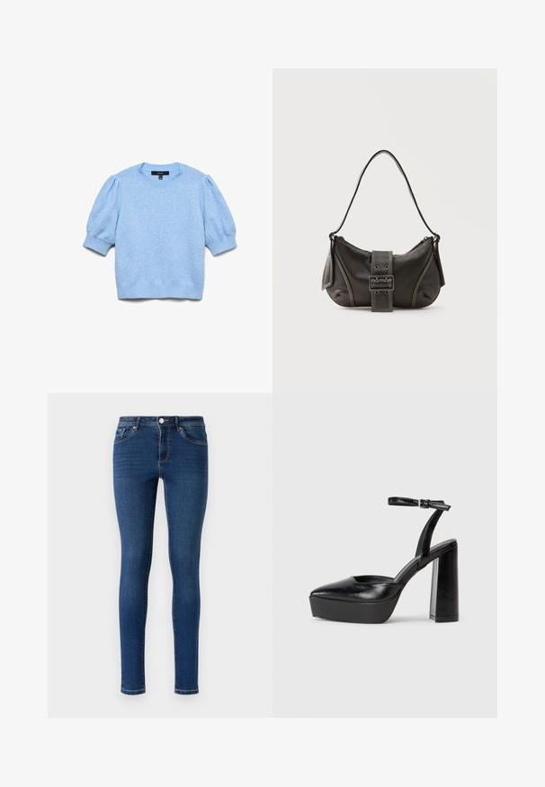 Lichtblauwe gebreide trui met korte opgeblazen mouwen en geribbelde boorden, halslijn en zoom.; Skinny denim jeans in donkerblauw. Beschikt over een klassieke vijf-pocketstijl, metalen knoopsluiting en subtiele stiksels langs de naden.; Zwarte plateauhakken met een puntige neus en verstelbare enkelband. Gemaakt van soepel leer, met een robuuste blokhak.; Zwarte leren schoudertas met gespsluiting aan de riem, afgeronde hoeken en contrasterende witte stiksels op een effen achtergrond.