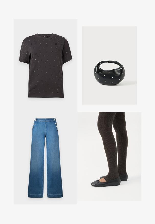T-shirt noir à manches courtes avec un col rond et des clous métalliques dispersés sur le devant, fabriqué en coton doux.; Pantalons en denim bleu à jambes larges, avec une taille haute, des accents à boutons sur les côtés, et un ourlet net. Le tissu a une texture lisse avec un léger délavage.; Jambes portant des leggings côtelés foncés associés à des ballerines noires avec de petits détails en nœud sur fond blanc.; Sac à main en cuir noir de forme arrondie, décoré de clous argentés et équipé d'une poignée courte. Texture lisse et fermeture éclair.