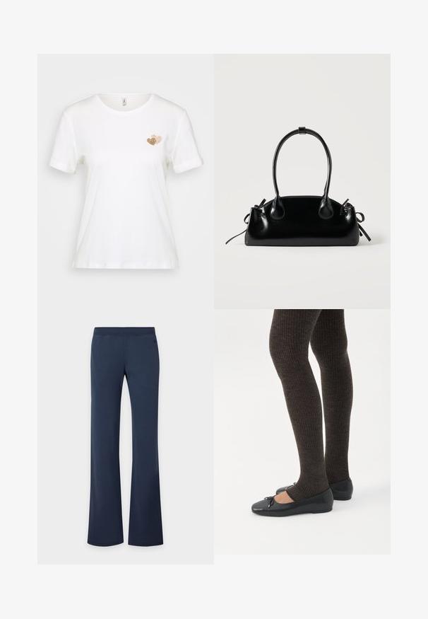 Witte t-shirt met korte mouwen van katoen, met een klein gouden hartontwerp op de linkerkant van de borst. Klassieke ronde hals, relaxed fit.; Marineblauwe broek met rechte pijpen en elastische tailleband, afgebeeld tegen een effen lichte achtergrond.; Benen met donkere geribbelde leggings gecombineerd met zwarte ballerina's met kleine strikdetails op een witte achtergrond.; Kleine zwarte glanzende handtas met twee lange hengsels en zijkant trekkoord details op een effen lichte achtergrond.