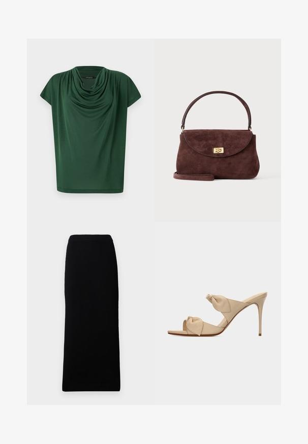 Haut drapé vert en tissu léger. Caractérisé par un col cowl et des manches courtes, avec une texture lisse et une coupe ample.; Jupe crayon noire en maille côtelée, taille haute, coupe droite, longueur cheville, design sans couture sur fond blanc.; Mule beige à talon haut ouvert à l'avant avec deux brides nouées torsadées et un talon aiguille fin sur fond blanc.; Petit sac à main en daim marron avec un rabat courbe, une fermeture à tour dorée, une poignée courte et une bandoulière optionnelle sur un fond uni.