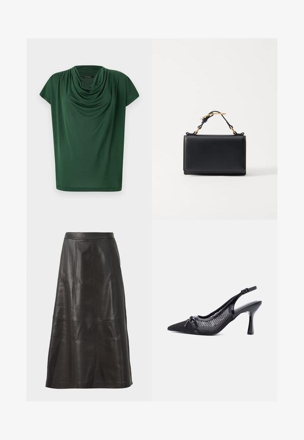 Haut drapé vert en tissu léger. Caractérisé par un col cowl et des manches courtes, avec une texture lisse et une coupe ample.; Jupe midi en cuir noir avec une texture lisse, présentant des coutures verticales et une silhouette droite. Pas de matériel ou d'accents visibles.; Escarpin noir à bout pointu avec bride arrière, motif en maille alvéolée et petit nœud décoratif à l'avant.; Sac à main en cuir noir de forme rectangulaire, doté d'une anse supérieure et d'accents en métal doré. Texture lisse, design minimaliste.