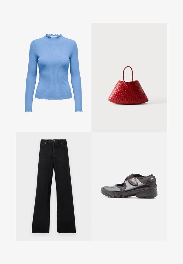 Lyseblå ribstrikket bluse med lange ærmer og skråkanter på krave, manchetter og kant, der fremhæver en tætsiddende silhuet.; Sorte jeans med brede ben lavet af denim, der har høj talje, fem-lomme design og knaplukning, med en let falmet tekstur.; Mørkebrune sportssko med en blank finish, velcrolukning, rundet tå og en tekstureret sål med polstrede designelementer.; Rød vævet lædertaske med en rundet, trekantet form og to flettede håndtag på hvid baggrund.