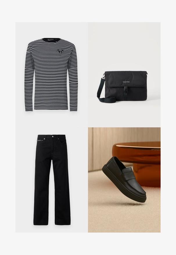 Langærmet skjorte, sort og hvid med vandrette striber, rund hals, stoffet har en glat tekstur, med et lille logo på brystet.; Sorte denim jeans med lige ben, fem lommer og et logo-tag foran, med metalbeslag og en glat tekstur.; Sort lædersko med elastik over vristen, placeret på et beige tæppe og ved et brunt rundt bord.; Sort Calvin Klein messenger-taske med justerbar skulderrem og frontklap sikret med spænde, vist mod en ensfarvet baggrund.
