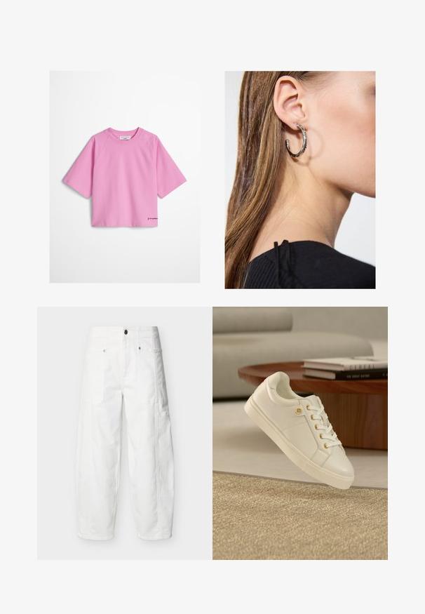 T-shirt court rose pâle à manches courtes avec col rond et petite broderie de logo noir sur l'ourlet inférieur gauche.; Pantalon blanc à jambes larges avec poches plaquées à l'avant, fermeture à boutons et détails de coutures visibles, présenté sur un fond uni.; Baskets en cuir blanc avec œillets dorés et épingle de logo, placées près d'une table ronde en bois avec des livres empilés dans un salon moderne.; Boucle d'oreille en argent avec une finition polie, présentant de petits détails en or et de forme ronde, portée sur le lobe.