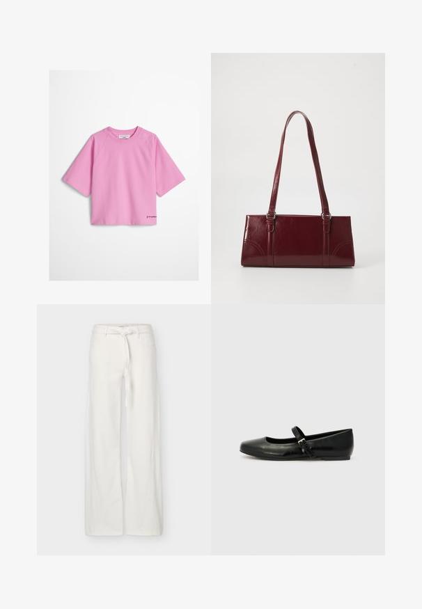 T-shirt court rose pâle à manches courtes avec col rond et petite broderie de logo noir sur l'ourlet inférieur gauche.; Pantalon blanc à jambes larges avec poches avant et ceinture en tissu nouée à la taille, présenté sur un fond uni.; Ballerines en cuir noir avec un bout arrondi, une semelle plate et une fine sangle ajustable sur le cou-de-pied avec une boucle en métal.; Sac à main bordeaux en matériau brillant, de forme rectangulaire, avec deux anses et des accents légèrement courbés à l'avant.