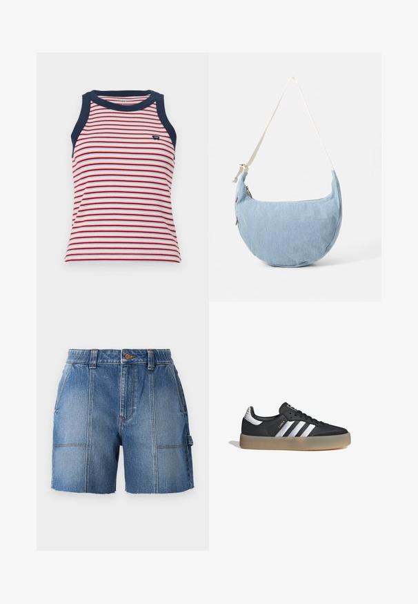Top de tirantes a rayas con franjas horizontales rojas, blancas y azules, con ribete azul marino en el escote y las sisas. Textura suave de canalé.; Shorts de mezclilla en azul claro con dobladillo deshilachado, que cuentan con una cintura ajustada, pasadores para cinturón y dos bolsillos frontales.; Zapatilla deportiva de cuero negro con tres rayas plateadas, punta texturizada y suela de goma. Cuenta con un collar acolchado y un diseño con cordones.; Bolso de hombro de mezclilla azul claro en forma de media luna con correa blanca ajustable y cierre de cremallera.