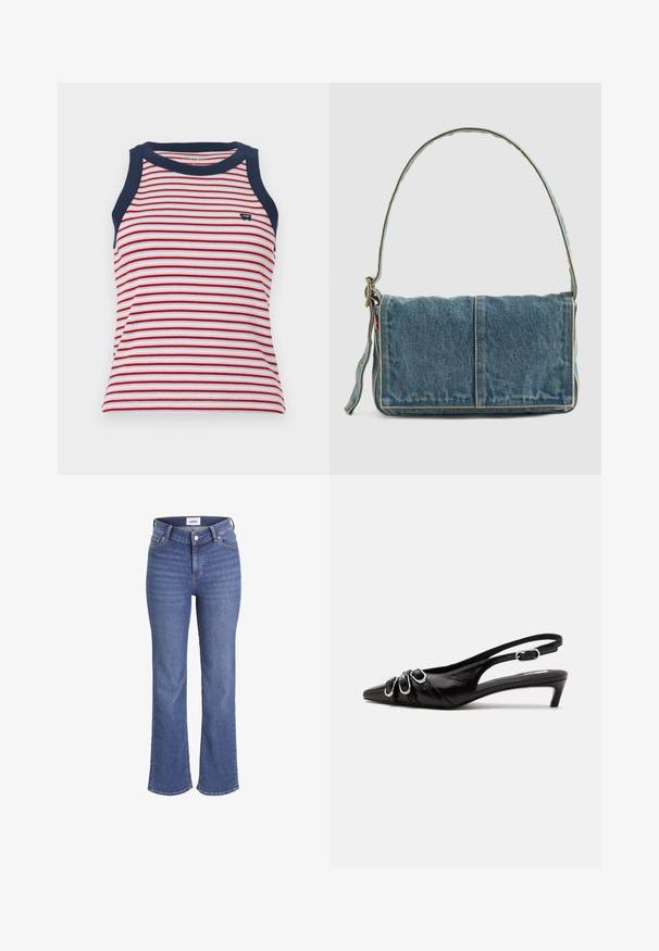 Stribet tanktop med røde, hvide og blå vandrette striber samt marineblå kant ved halsudskæringen og ærmegabene. Blød ribbet struktur.; Mørkeblå jeans i denim med høj talje, brede ben og et traditionelt fem-lomme design. Har synlig syning og lukning med en frontknap.; Sort læder slingback sko med spids tå, tre sølvspænder på forsiden og lav lille hæl på hvid baggrund.; Denim skuldertaske med fold-over design, lys blå farve, synlige sømme, justerbar rem og en sidelabel-detalje.