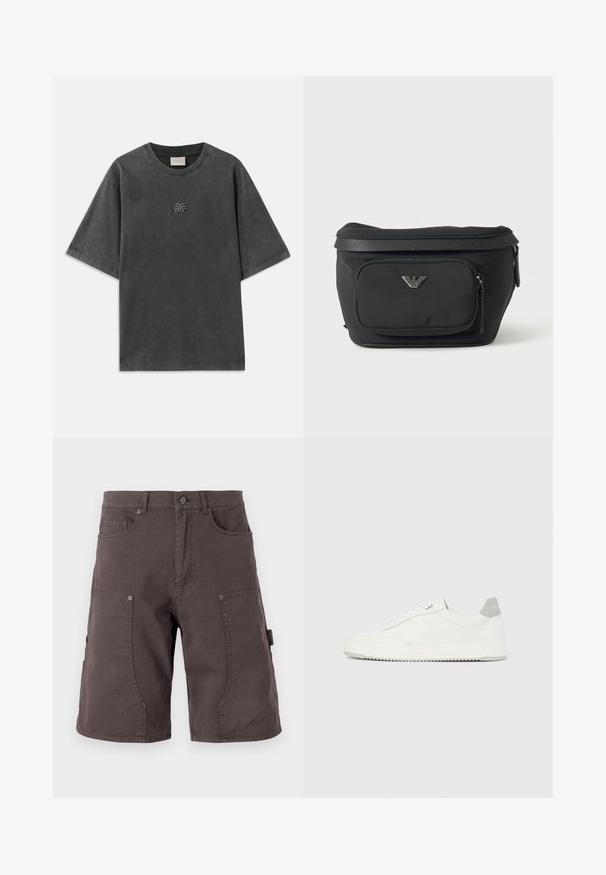 Σκούρο γκρι oversized κοντομάνικη μπλούζα με στρογγυλή λαιμόκοψη και μικρό κεντημένο σχέδιο κόμβου στο κέντρο του στήθους.; Σκούρο γκρι στενές cargo σορτς από βαμβάκι με μπροστινές τσέπες, πλαϊνές τσέπες cargo, κλείσιμο με κουμπί και λεπτομέρειες ραφής στα πόδια.; Λευκό αθλητικό παπούτσι χαμηλού ύψους με γκρι ταμπ εφφέ στη φτέρνα, λευκά κορδόνια και υφή στη σόλα, απεικονιζόμενο σε απλό ανοιχτόχρωμο φόντο.; Μαύρο τσαντάκι μέσης με μπροστινή τσέπη με φερμουάρ και ασημένιο λογότυπο αετού, λείο ύφασμα με υφή στο τελείωμα και στα τρέσα φερμουάρ.
