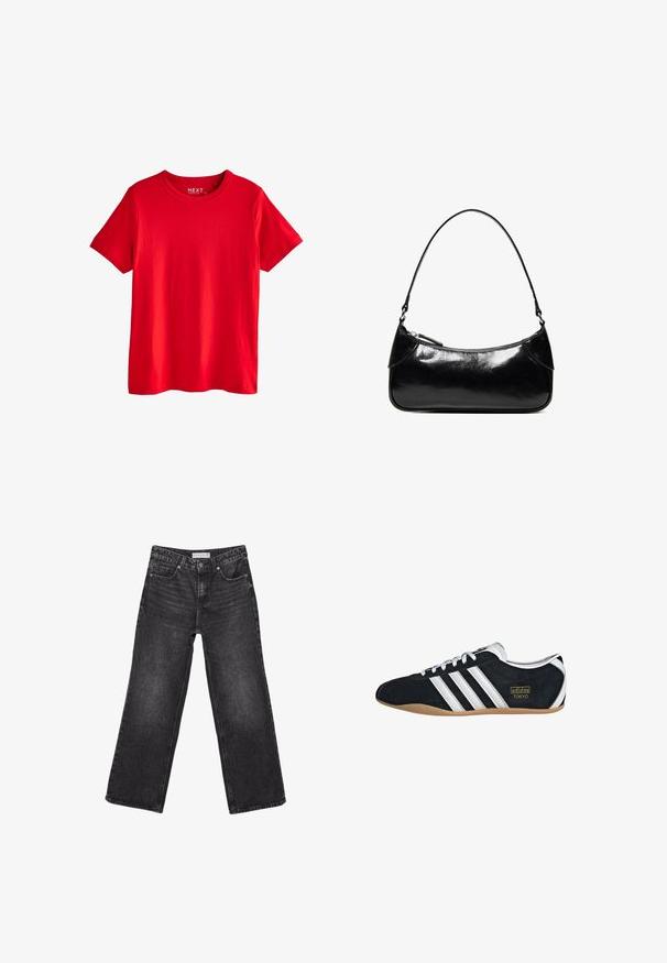 Helles rotes kurzärmeliges Baumwoll-T-Shirt mit Rundhalsausschnitt, flach liegend dargestellt ohne sichtbare Muster oder Logos, außer einem kleinen inneren Halslabel.; Schwarze Jeans mit weitem Bein, vorderen Taschen und Knopfverschluss, Größenetikett 38 sichtbar am Bund.; Schwarze Wildledersneaker mit drei weißen Streifen, goldenem Logo und brauner Gummisohle. Merkmale ein niedrigprofiliertes Schnürdesign.; Schwarze, glänzende Lederschultertasche mit einem einzelnen Reißverschlussfach und einem dünnen, bogenförmig gebogenen Träger.