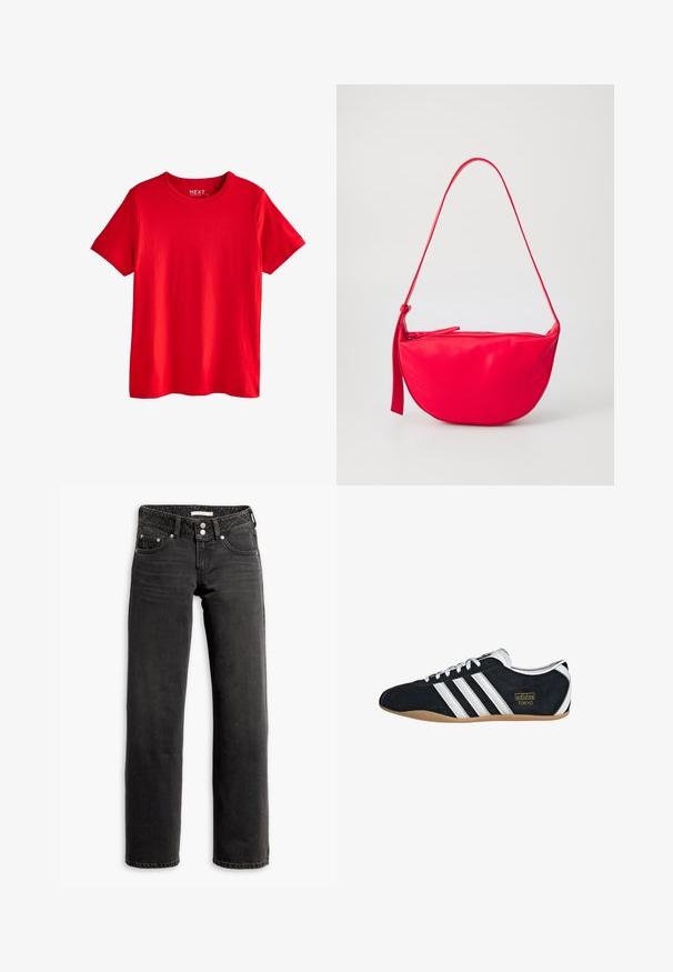 Klar rød kortærmet bomulds-T-shirt med rund hals, vist fladt uden synlige mønstre eller logoer undtagen en lille indvendig halslabel.; Sorte straight-leg jeans med for- og baglommer, bæltestropper og dobbeltknaplukning i taljen.; Sort ruskinds sneaker med hvide tre striber, guldlogo og en brun gummisål. Har et lavprofil snørebåndsdesign.; Rød læder skuldertaske med en buet form, en lynlåslukning og en tynd justerbar rem. Glat tekstur med syningsdetaljer.