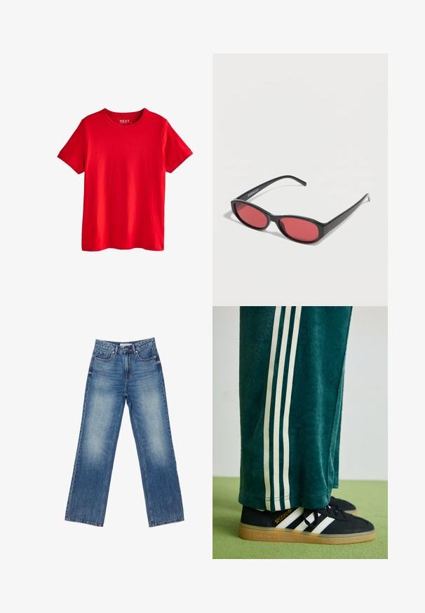 Klar rød kortærmet bomulds-T-shirt med rund hals, vist fladt uden synlige mønstre eller logoer undtagen en lille indvendig halslabel.; Blå jeans med høj talje og lige ben med knap- og lynlåslukning, for- og baglommer samt falmede detaljer på lårene.; Grønne teksturerede bukser med hvide sidelince, parret med sorte Adidas sneakers med tre hvide striber og en gummisål.; Sorte ovale solbriller med tynde arme og rødtonede linser, der ligger på en hvid overflade.