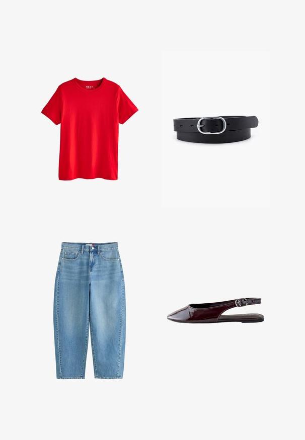 Klar rød kortærmet bomulds-T-shirt med rund hals, vist fladt uden synlige mønstre eller logoer undtagen en lille indvendig halslabel.; Lyseblå denimjeans med høj talje, lige snit, forreste knap og lynlås samt design med fem lommer.; Mørke bordeaux laklæders slingback flad sko med spids tå og justerbar sølvspænde.; Sort læderbælte med en glat overflade, oval sølvmetalspænde og flere justeringshuller langs stroppen. Flad, minimalistisk design.