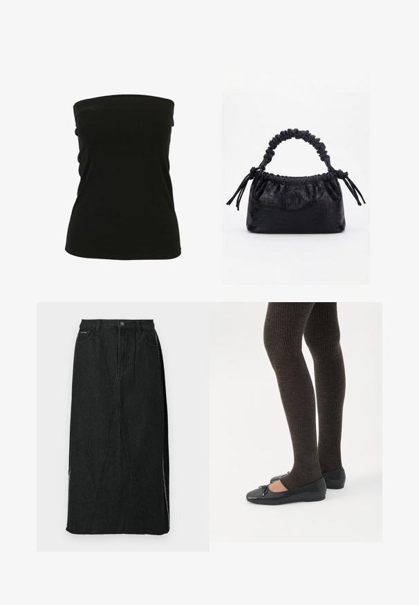 Sort strapless top lavet af strækbart materiale, med en glat tekstur og tætsiddende design. Ingen synlig hardware eller detaljer.; Sort denimnederdel med høj talje, lige snit og unikke skrå sømme. Har sideslids og knaplukning i taljen.; Ben iført mørke ribbede leggings kombineret med sorte balletsko med små sløjfedetaljer på hvid baggrund.; Sort taske med krokodilletekstur, rynket øverste kant, samlet hank og snore med kvaster på hver side mod en hvid baggrund.