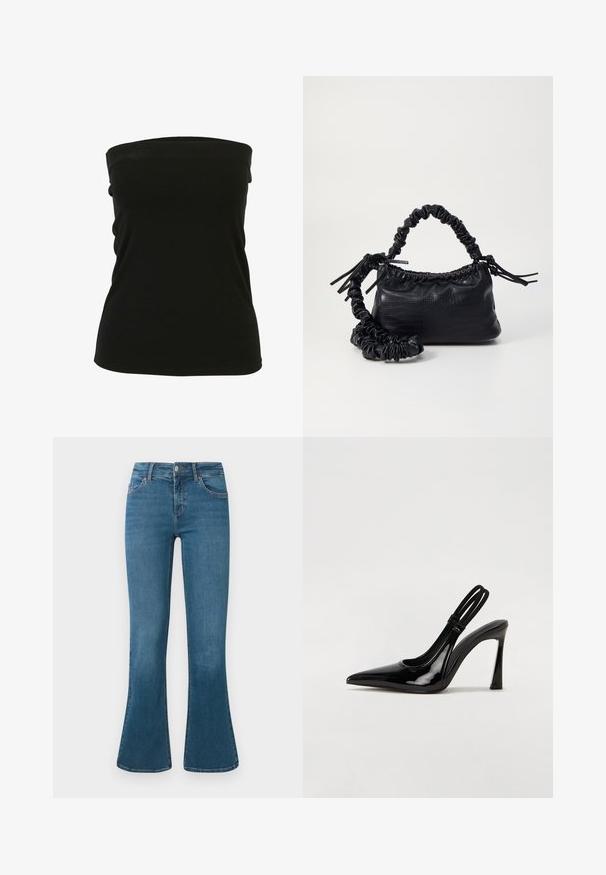 Must tippeta, mis on valmistatud venivast kangast, sileda tekstuuri ja istuva disainiga. Ilma nähtava riistvara või aksessuaarideta.; Sinine denim flared teksad keskmise kõrgusega vöökoht, viie tasku disain ja peene õmbluse detail. Sile tekstuur klassikalise pesu tooniga.; Mustmust must have sinine nahk välijalatsid terava toe, saledad kõrged kontsad ja kaks elastset rihma turvaliseks sobitamiseks. Sile, läikiv pind.; Must must sünteetilisest nahast käekott, millel on krokodillimuster, kokku tõmmatav ülaosa ja kortsus rihm. Tundub pehme ja kompaktne disain.