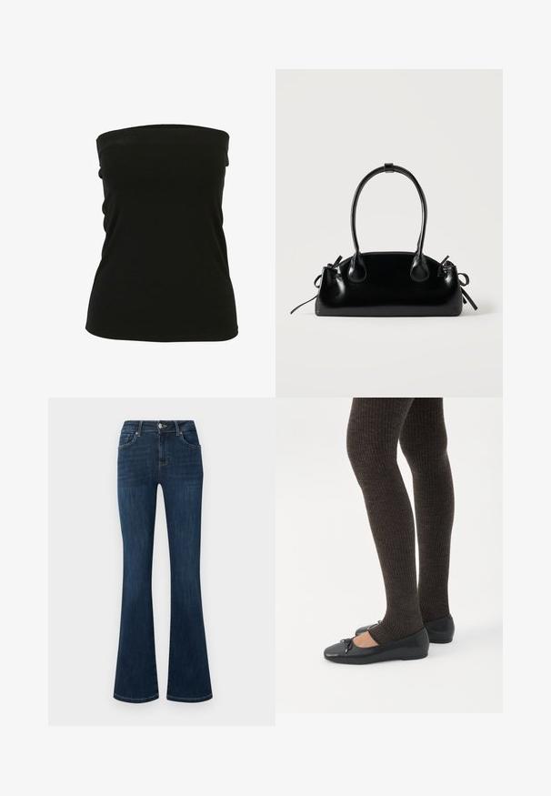 Sort strapless top lavet af strækbart materiale, med en glat tekstur og tætsiddende design. Ingen synlig hardware eller detaljer.; Mørkeblå denimjeans med mellemhøj talje, fem-lomme stil og vide bukseben, vist fladt mod en hvid baggrund.; Ben iført mørke ribbede leggings kombineret med sorte balletsko med små sløjfedetaljer på hvid baggrund.; Lille sort blank håndtaske med to lange håndtag og snøre-detaljer i siden på en ensfarvet lys baggrund.