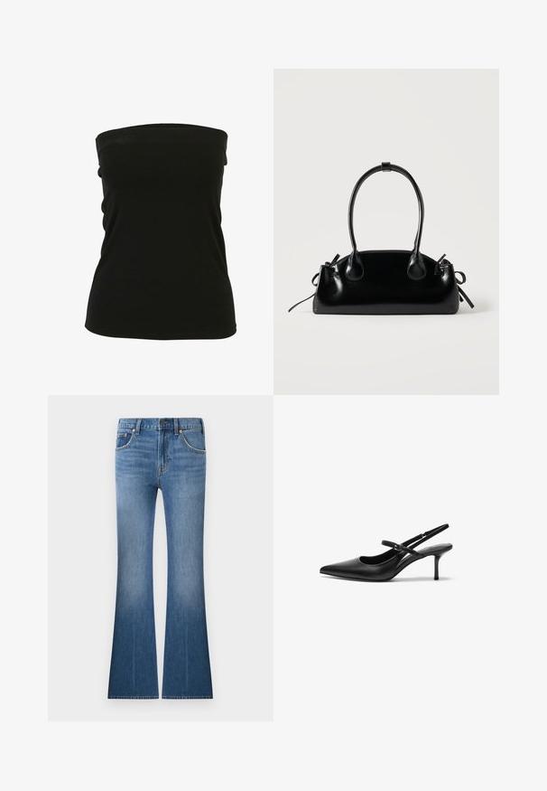 Haut noir sans bretelles en tissu extensible, avec une texture lisse et une coupe ajustée. Aucun matériel ou accent visible.; Jean en denim bleu taille haute, avec poches avant, fermeture à bouton et glissière, et jambes évasées.; Talons aiguilles noires en cuir avec un bout pointu, une fine bride réglable, et un talon aiguille d'environ 5 cm, texture lisse.; Petit sac à main noir brillant avec deux longues anses et des détails à cordon sur les côtés sur un fond clair uni.