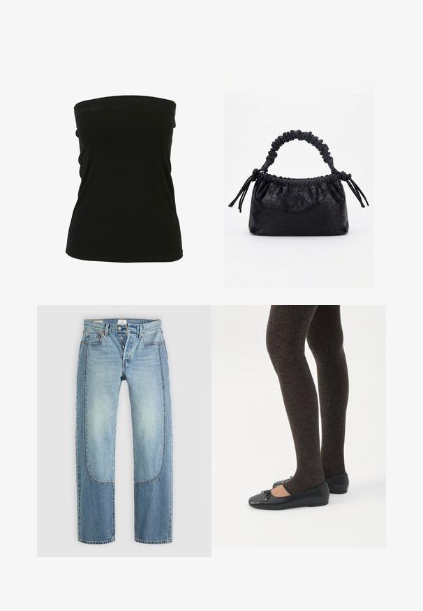 Top negro sin tirantes hecho de tela elástica, con una textura suave y un diseño ajustado. Sin hardware o acentos visibles.; Jeans de mezclilla azul claro con un corte recto y holgado, que presentan detalles de paneles en contraste y un diseño de cinco bolsillos. Cierre de botón.; Piernas con leggings oscuros acanalados combinados con bailarinas negras que presentan pequeños detalles de lazo sobre un fondo blanco.; Bolso negro con textura de cocodrilo, borde superior fruncido, asa recogida y cordones con borlas en cada lado sobre un fondo blanco.