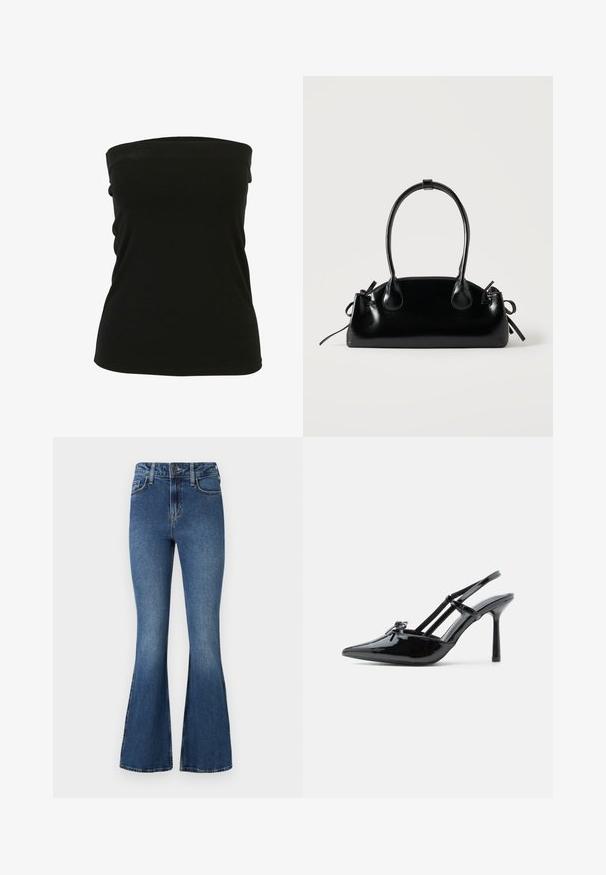 Haut noir sans bretelles en tissu extensible, avec une texture lisse et une coupe ajustée. Aucun matériel ou accent visible.; Jean évasé en denim bleu à taille haute, avec un design standard à cinq poches et une fermeture à bouton. Texture douce avec des détails légèrement décolorés.; Chaussure slingback à talon haut en cuir verni noir, avec bout pointu, talon fin et double brides décoratives sur le cou-de-pied.; Petit sac à main noir brillant avec deux longues anses et des détails à cordon sur les côtés sur un fond clair uni.