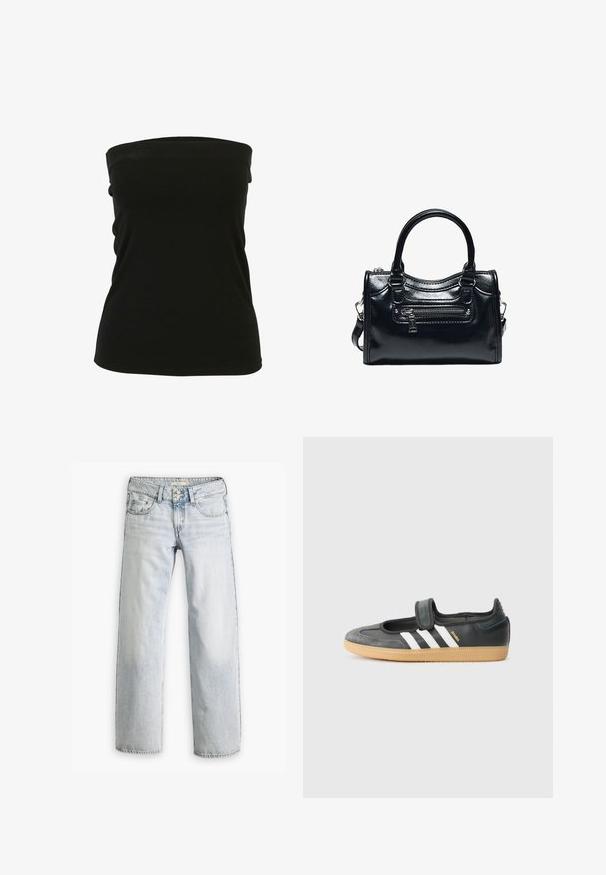 Sort strapless top lavet af strækbart materiale, med en glat tekstur og tætsiddende design. Ingen synlig hardware eller detaljer.; Lyseblå denimjeans med en afslappet pasform, høj talje og fem-lomme design. Har syning detaljer og knaplukning.; Sort læder- og ruskinds sneakers med en Velcro-rem, der har tre hvide striber og en gummisål, mærket "SAMBA" på siden.; Sort skinnende læderhåndtaske med to håndtag, lynlåslomme foran og aftagelig skulderrem på hvid baggrund.