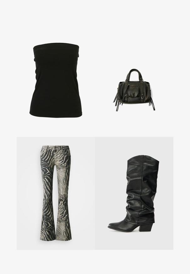 Sort strapless top lavet af strækbart materiale, med en glat tekstur og tætsiddende design. Ingen synlig hardware eller detaljer.; Bredde jeans i et sort og beige zebra mønster, fremstillet af denim materiale, med fem-lomme design og synlige syninger.; Sorte læderknæhøje støvler med et skrånet design, spids tå og chunky hæl, der har en glat overflade og minimal syning.; Sort læderhåndtaske med flettede håndtag, lynlåslomme og hængende frynser. Tekstureret overflade med metalnitter og hardware-accenter.