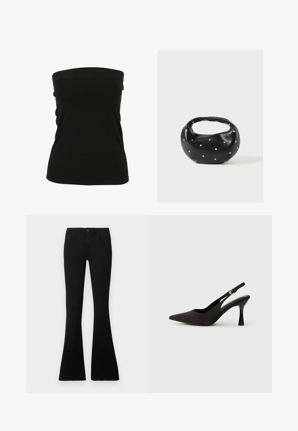 Schwarzes trägerloses Top aus elastischem Material, das eine glatte Textur und eine figurbetonte Passform bietet. Keine sichtbaren Metallteile oder Verzierungen.; Schwarze Schlagjeans mit hoher Taille, aus Denim gefertigt. Verfügt über fünf Taschen und einen einzelnen Knopfverschluss. Glatte Textur.; Schwarze Slingback-Absatzschuhe mit spitzem Zehenbereich, glattem, mattem Finish und schmalem, glanzvollem Absatz. Verstellbarer Riemen mit kleiner Schnallen-Detail.; Schwarze Lederhandtasche mit abgerundeter Form, verziert mit silbernen Nietenakzenten und kurzem Griff. Glatte Struktur und Reißverschlussverschluss.