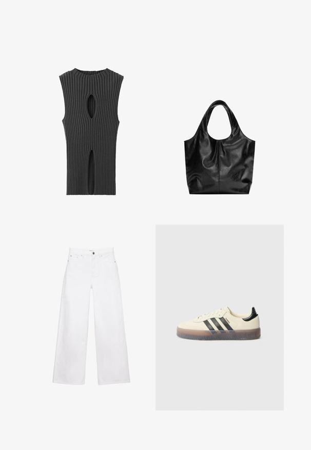 Mango Débardeur - anthracite; Jean blanc à jambes larges en denim, doté de poches avant, d'une fermeture par bouton et d'une coupe droite. Aucun motif ou ornement visible.; Baskets beiges avec trois bandes noires, bout rond, semelle en caoutchouc texturée et dessus lisse. Caractérisées par un talon rembourré et un marquage minimal.; Sac fourre-tout en cuir noir avec une texture lisse, un haut arrondi doux et de larges poignées. Présente une couture minimale et une silhouette décontractée.