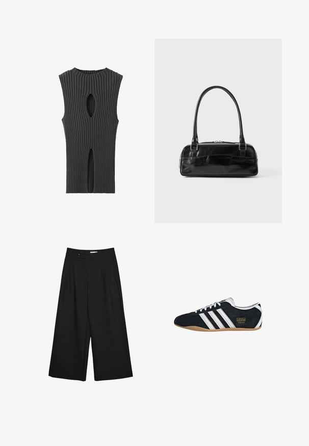 Mango Débardeur - anthracite; Pantalon noir à jambes larges et cropped, avec plis sur le devant, passants pour ceinture et fermeture par bouton à la taille.; Sneakers en suede noir avec trois bandes blanches, logo doré et semelle en caoutchouc marron. Présente un design à lacets à profil bas.; Sac à main en cuir noir de forme rectangulaire, doté d'une seule ansse structurée, de quincaillerie argentée et d'une fermeture éclair. Texture lisse.