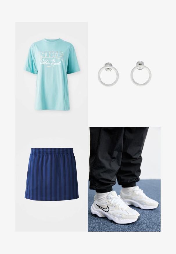 Lyseblå bomulds T-shirt med korte ærmer og rund halsudskæring. Har "NIKE" logo og tekst i hvid og ferskenfarvet print.; Mørkeblå nederdel med lodrette striber, elastisk talje, længde til midten af låret, lavet af letvægtsstof, glat tekstur.; Hvide og lys grå atletiske sneakers med en struktureret overdel, tyk sål og sort swoosh-logo. Båret med sorte joggerbukser og hvide sokker.; Sølvmetalløreringe med en børstet tekstur, der har et cirkulært design og en klar post til sikker bæring.