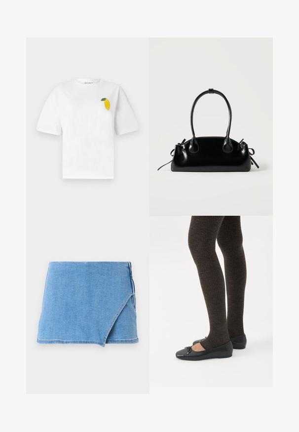 Hvid bomuld t-shirt med korte ærmer, der har et lille gult citrondesign med en grøn blad i venstre brystområde.; Lysblå denim mini-nederdel med ombukdesign, frynset kant og en glat tekstur. Ingen yderligere udsmykninger eller mønstre.; Ben iført mørke ribbede leggings kombineret med sorte balletsko med små sløjfedetaljer på hvid baggrund.; Lille sort blank håndtaske med to lange håndtag og snøre-detaljer i siden på en ensfarvet lys baggrund.