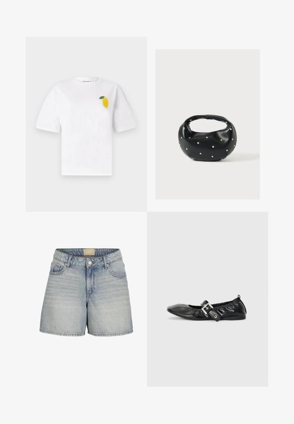 Hvid bomuld t-shirt med korte ærmer, der har et lille gult citrondesign med en grøn blad i venstre brystområde.; Lysblå denimshorts med høj talje, der har knaplukning, fem lommer og subtilt slid for et struktureret look.; Sorte læder flade sko med spids tå, samling detaljer omkring åbningen, og en sølv spænde accent på den justerbare rem.; Sort læderhåndtaske med en rundet form, dekoreret med sølvnitter, og et kort håndtag. Glat tekstur og lynlåslukning.
