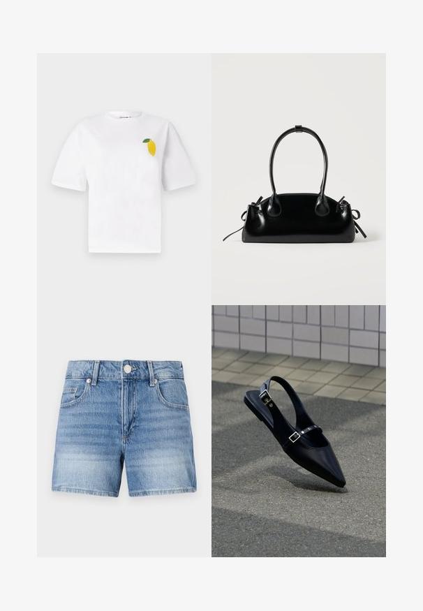 Weißes Baumwoll-T-Shirt mit kurzen Ärmeln, das ein kleines gelbes Zitronenmotiv mit einem grünen Blatt auf der linken Brustseite zeigt.; Hellblaue Jeansshorts mit vorderer Knopfleiste, Reißverschluss, Gürtelschlaufen und Vordertaschen vor weißem Hintergrund.; Schwarzer Slingback-Flachschuh mit spitz zulaufender Spitze und doppelten Schnallenriemen, ruhend auf grauem Asphalt nahe einer gefliesten Wand.; Kleine schwarze glänzende Handtasche mit zwei langen Griffen und seitlichen Kordelzug-Details vor einfachem hellem Hintergrund.