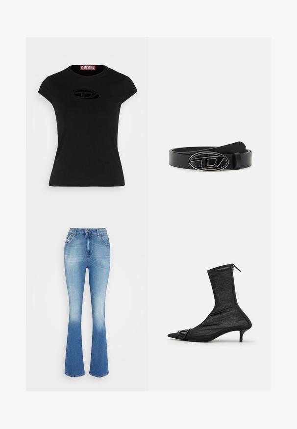 Sort kortærmet t-shirt med en tætsiddende design, der har et struktureret Diesel-logo i oval form på fronten.; Lystblå denim flared jeans med høj talje, subtilt slid på lårene, to frontlommer og knaplukning i taljen.; Sorte mesh ankelstøvler med spidse tæer, lynlås og en lille hæl. Har en dekorativ spændeaccent nær tåområdet.; Sort læderbælte med en bred rem, en oval sølvspænde med geometrisk design, og en glat overflade på hele bælte.