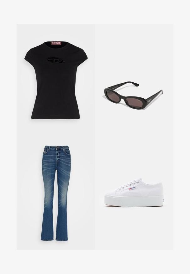 Sort kortærmet t-shirt med en tætsiddende design, der har et struktureret Diesel-logo i oval form på fronten.; Flared denim jeans i mellemblå vask med slidser. Har en knaplukning, fem lommer og en klassisk, tætsiddende silhuet.; Hvide canvas sneakers med en tyk hvid platformssål, rund tå og metaløjelets til snørebånd. Mærkets logo præsenteret på siden.; Sorte solbriller med ovale rammer, mørkt tonede linser og "vogue" trykt i hvidt på de ydre arme. Glat plastmateriale.