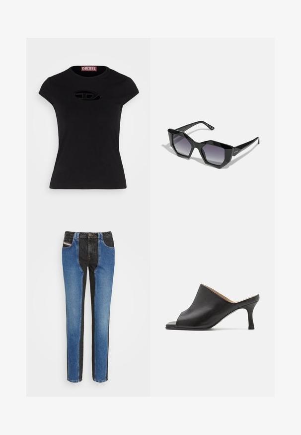 Sort kortærmet t-shirt med en tætsiddende design, der har et struktureret Diesel-logo i oval form på fronten.; Diesel TAIL - Jeans Skinny Fit - denim; Selected ASHLEY - Mules med hæl - black; Guess Solbriller - shiny black