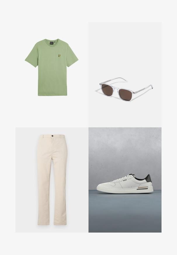Grøn t-shirt med korte ærmer i et glat stof, med en lille gul fuglelogo på venstre brystområde. Rund hals.; Lyse beige bomuldsbukser med lige ben-design, der har en frontknaplukning, lynlåslukning og minimale syninger.; Hvide lavtoppede sneakers med sort hæl, snørebånds lukning, subtile perforeringer og "BOSS" logo på siden, vist fra ydersiden i profil.; Klare plastik solbriller med rektangulære brune linser, med tynde, transparente stænger og metal accenter på templerne.
