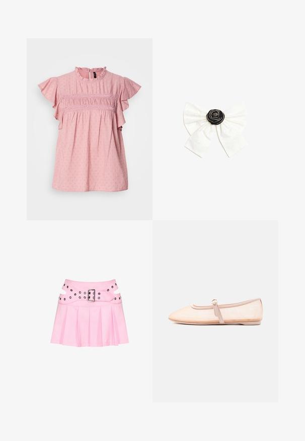 Blouse en coton rose avec des manches courtes à volants, un col haut et des détails texturés. Présente des fronces et des accents en dentelle sur la poitrine.; Mini-jupe plissée rose avec large ceinture double couche, boucle argentée et plusieurs œillets pour fixation et décoration.; Chaussure plate beige clair avec un bout pointu et une bride latérale avec boucle, présentée sur un fond blanc uni.; Nœud en tissu blanc avec un centre rosette noir décoré de petites perles argentées sur un fond blanc uni.