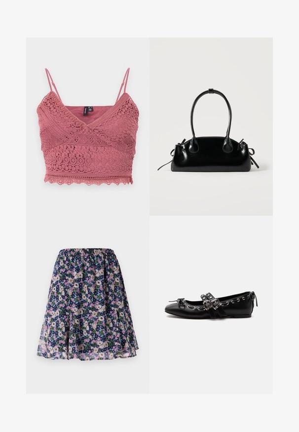 Rosenpink hæklede bralette med justerbare spaghetti-stropper, bølget kant og indviklede blondermønstre i stoffet.; Blomsterkjole med elastisk talje. Har en mørk navy baggrund med pink, hvide og grønne blomstermønstre. Let og svalende stof.; Sort flad balletsko med dobbelt spænde, sølvøjer og en lille sløjfe nær den runde tå på en hvid baggrund.; Lille sort blank håndtaske med to lange håndtag og snøre-detaljer i siden på en ensfarvet lys baggrund.